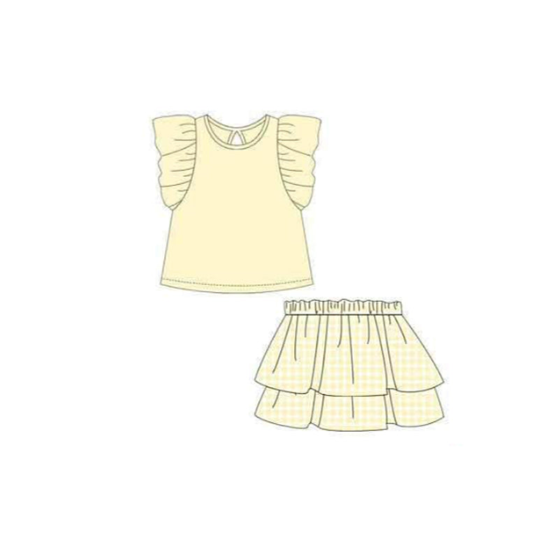 MOQ 5 pcs yellow flutter sleeves top skirt girls outfits