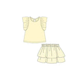 MOQ 5 pcs yellow flutter sleeves top skirt girls outfits