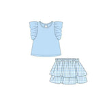 MOQ 5 pcs light blue flutter sleeves top skirt girls outfits