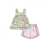 Straps floral tunic pink shorts kids girls summer outfits
