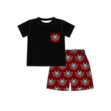 MOQ 5 pcs Black short sleeves pocket top shorts boys team clothes