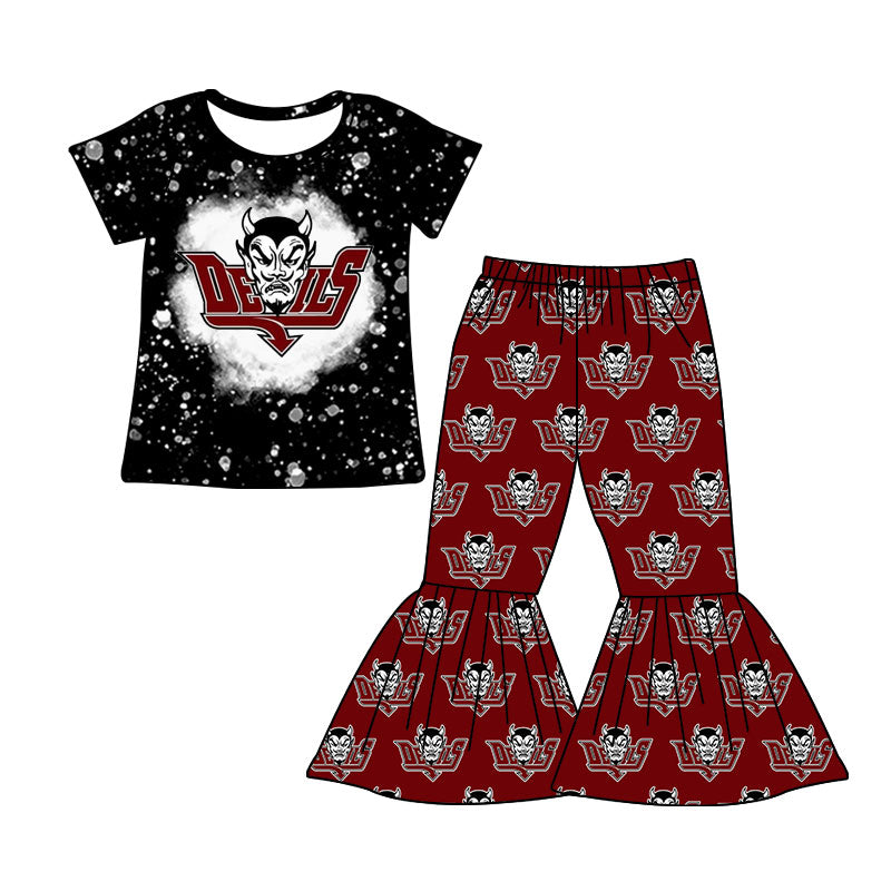 MOQ 5 black bleached top bell bottom pants girls team outfits