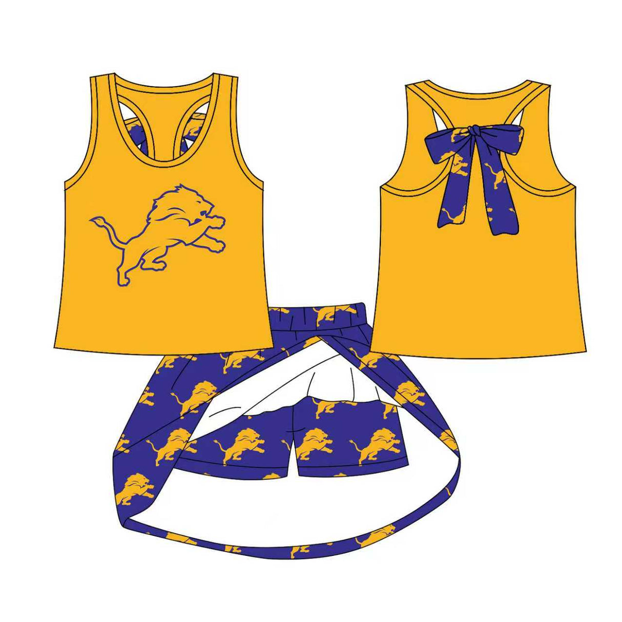 MOQ 5 pcs sleeveless bow top lion skorts kids girls team outfits
