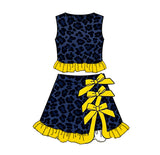 MOQ 5 pcs navy leopard sleeveless top ruffle skirt girls active set