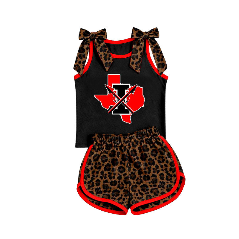 MOQ 5 pcs I sleeveless leopard bow top shorts girls team outfits