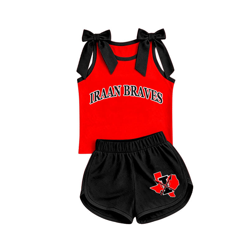 MOQ 5 pcs I sleeveless bow red top black shorts girls team outfits