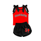 MOQ 5 pcs I sleeveless bow red top black shorts girls team outfits