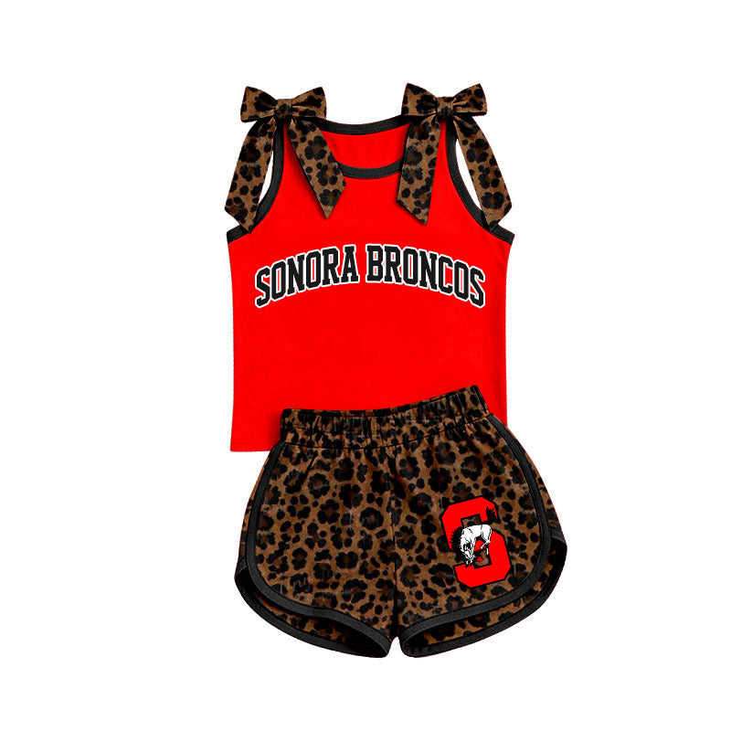 MOQ 5 pcs S sleeveless leopard bow top shorts girls team outfits