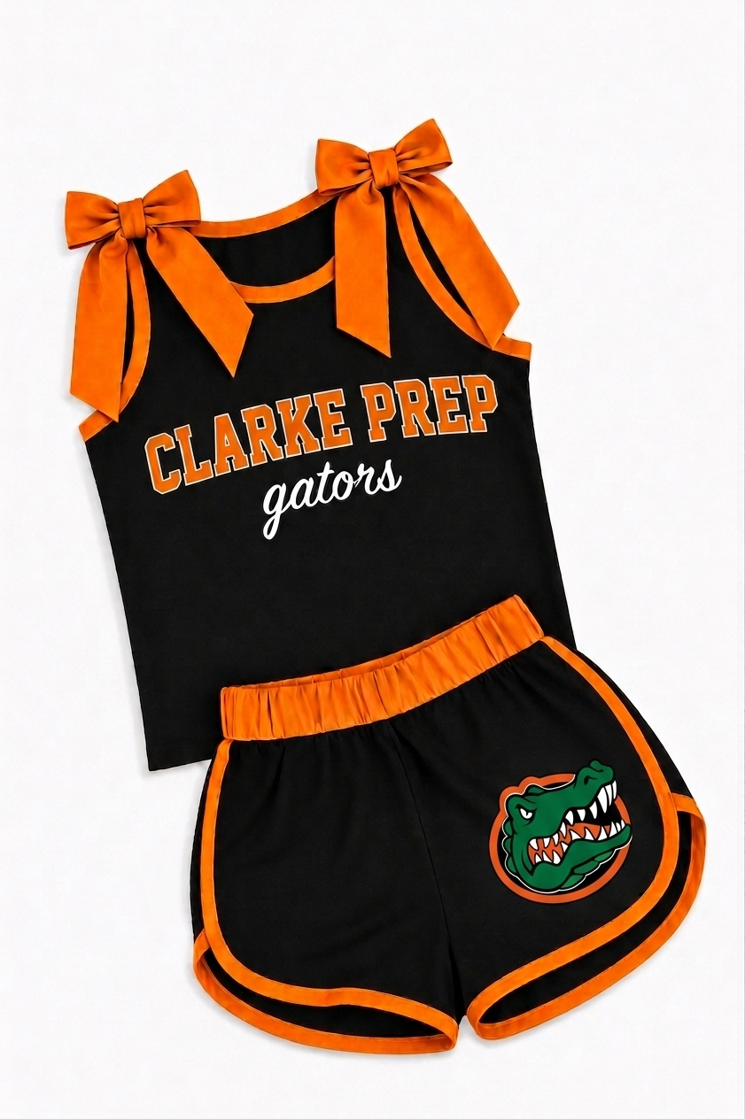 MOQ 5 pcs sleeveless orange bow top gators shorts girls team outfits