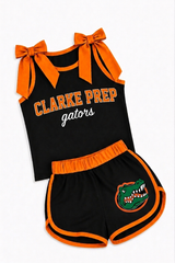 MOQ 5 pcs sleeveless orange bow top gators shorts girls team outfits