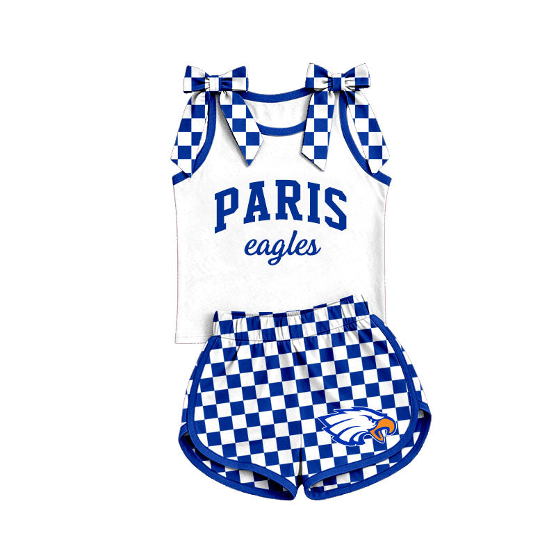 custom MOQ 5 pcs blue white plaid PARIS eagles print girl team outfits