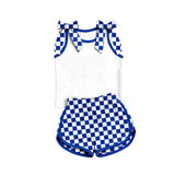 custom MOQ 5 pcs blue white plaid  print girl team outfits