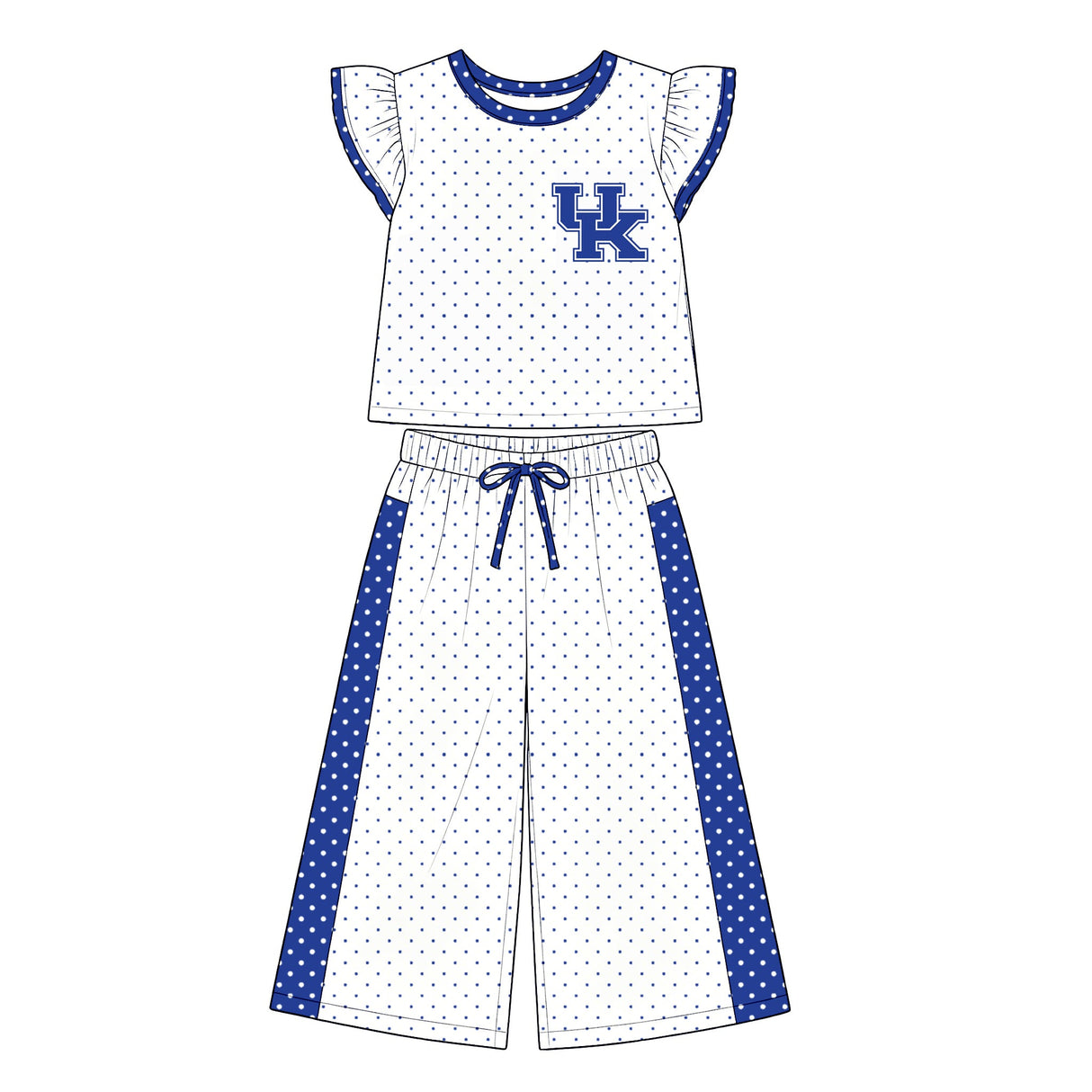 MOQ 5 flutter sleeves blue U K polka dots girls team outfits