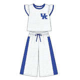 MOQ 5 flutter sleeves blue U K polka dots girls team outfits