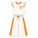 MOQ 5 flutter sleeves orange T polka dots girls team outfits