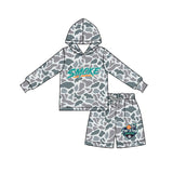 MOQ 5 pcs grey camo hoodie baseball shorts boys team outfits