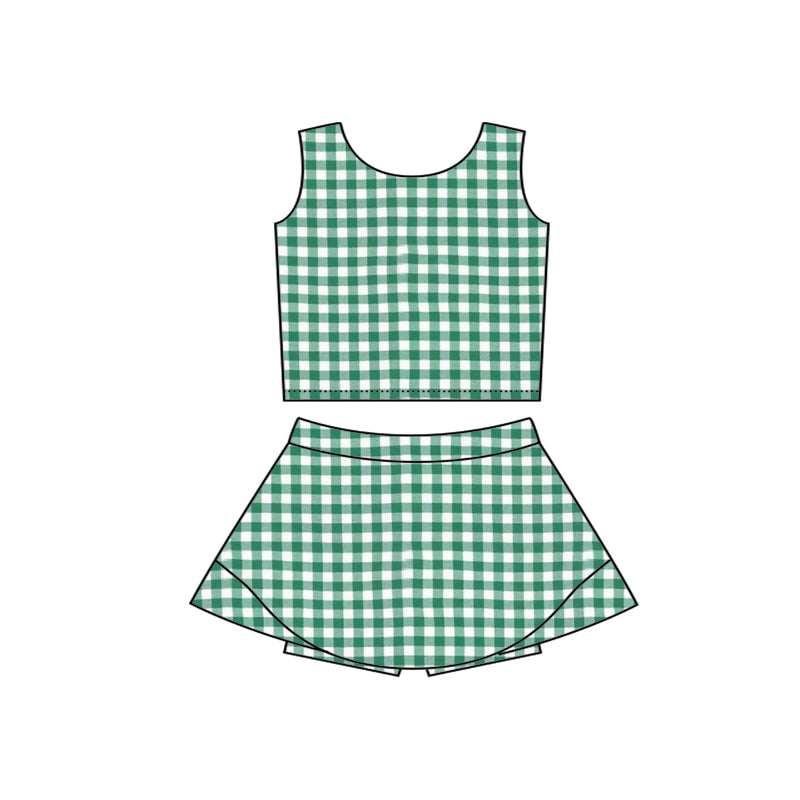 MOQ 5 sets sleeveless green plaid top skirt girls active set