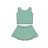 MOQ 5 sets sleeveless green plaid top skirt girls active set