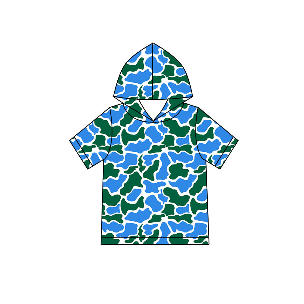 MOQ 5 pcs blue green camo short sleeves boys hoodie