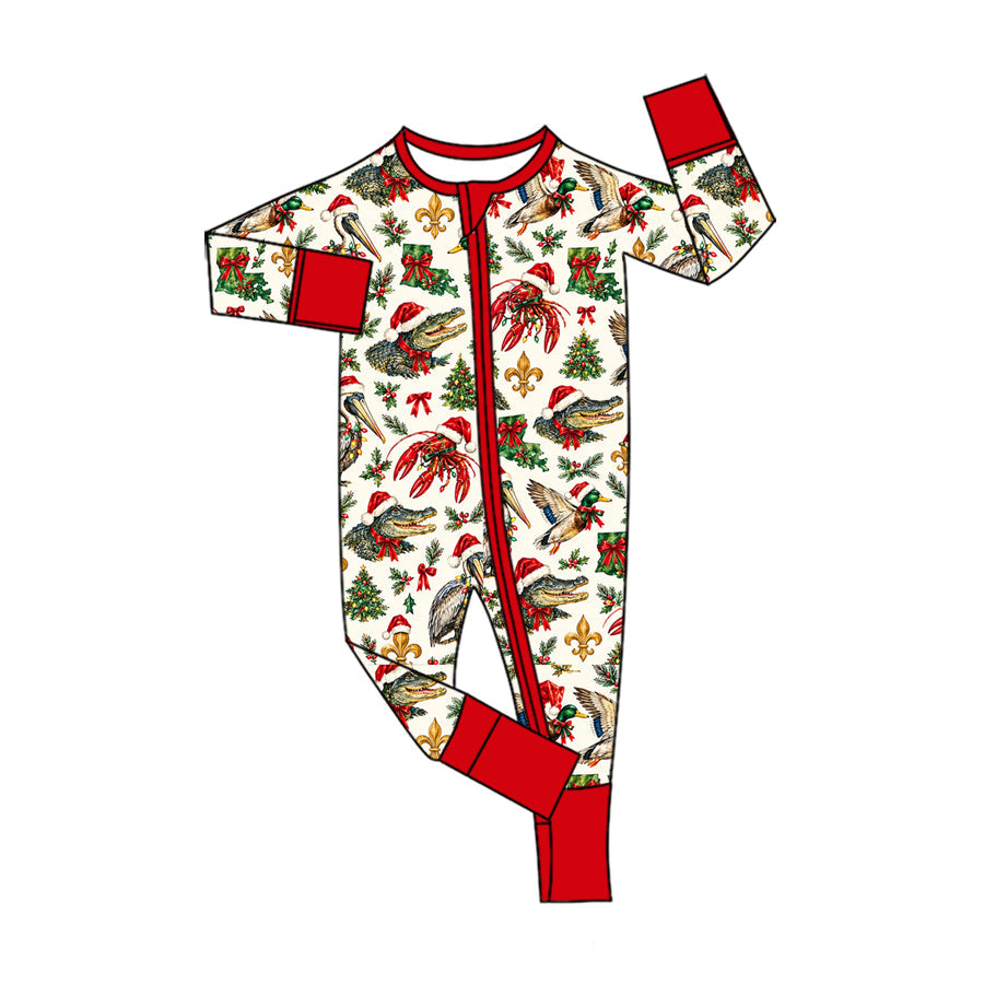 MOQ 8 pcs crocodile bow baby girls Christmas team zipper romper
