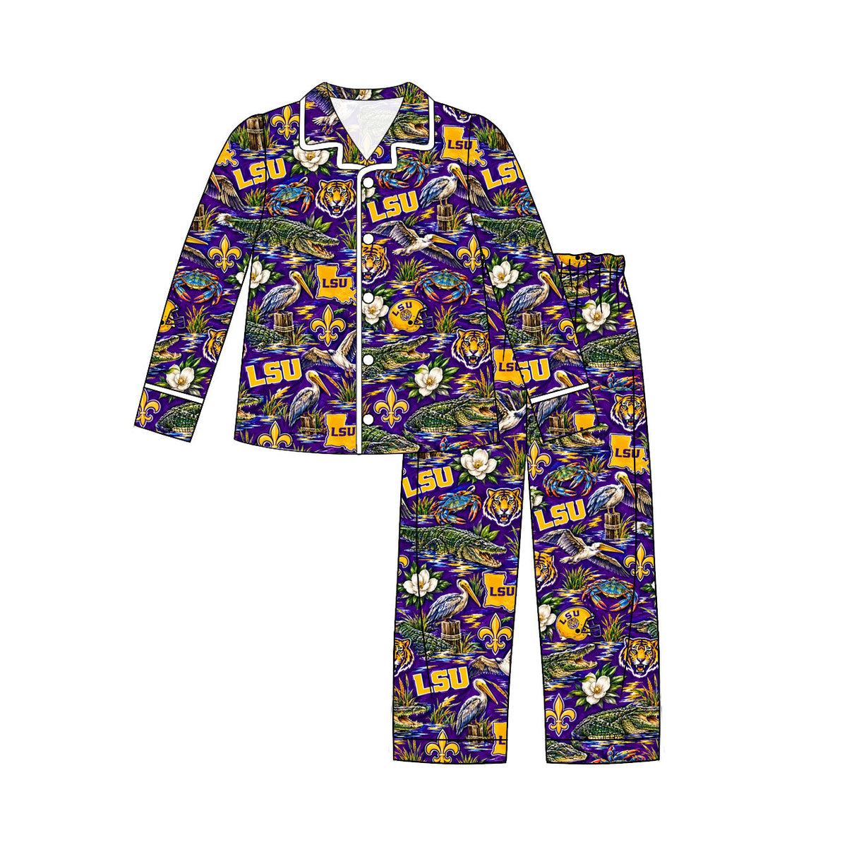 MOQ 8 pcs tiger L S U long sleeves kids button down team pajamas