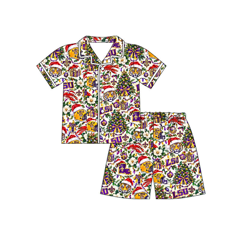 MOQ 8 pcs tiger short sleeves  girls Christmas button down team pajamas