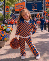 MOQ 8 Long sleeves orange navy plaid top pants girls team outfits