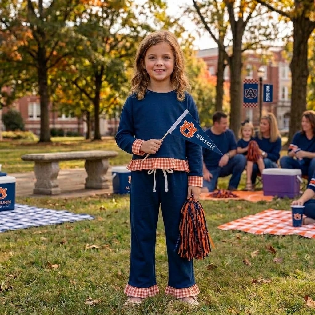 MOQ 8 Long sleeves navy plaid ruffle girls team outfits