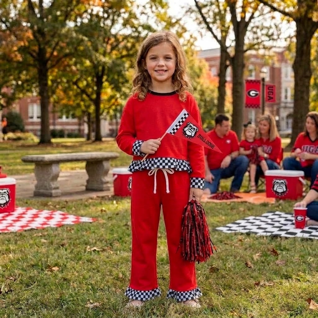 MOQ 8 Long sleeves red plaid ruffle girls team outfits