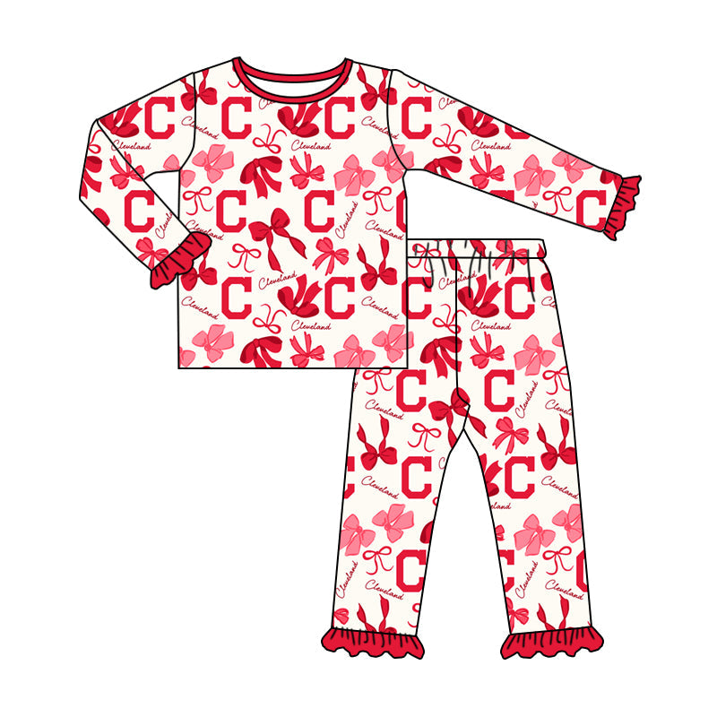 MOQ 3 Long sleeves C red blue bow kids girls team pajamas