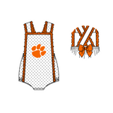 MOQ 5 pcs white polka dots sleeveless orange bow baby girls team romper
