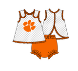 MOQ 5 pcs white polka dots sleeveless tunic orange bummies baby girls team set