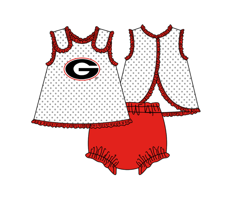 MOQ 5 pcs white polka dots sleeveless G tunic red bummies baby girls team set