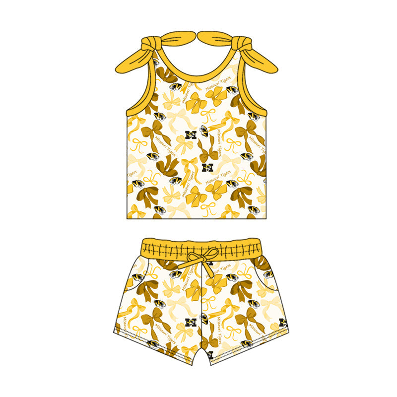 MOQ 3 pcs sleeveless M yellow bow top shorts girls team clothes