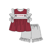 MOQ 5 pcs maroon bow ALABAMA tunic white polka dots ruffle shorts girls team outfit