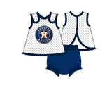 MOQ 5 pcs white polka dots sleeveless H tunic dark blue bummies baby girls team set