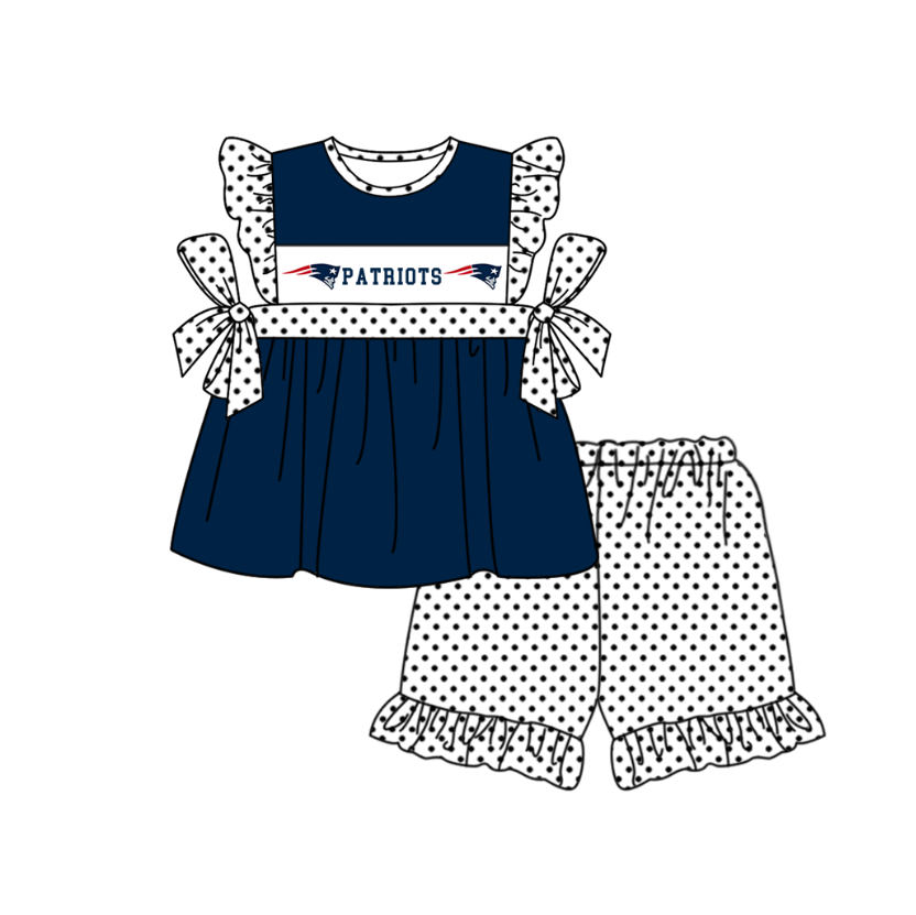 MOQ 5 pcs dark blue bow P tunic white polka dots ruffle shorts girls team outfit
