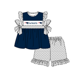 MOQ 5 pcs dark blue bow P tunic white polka dots ruffle shorts girls team outfit