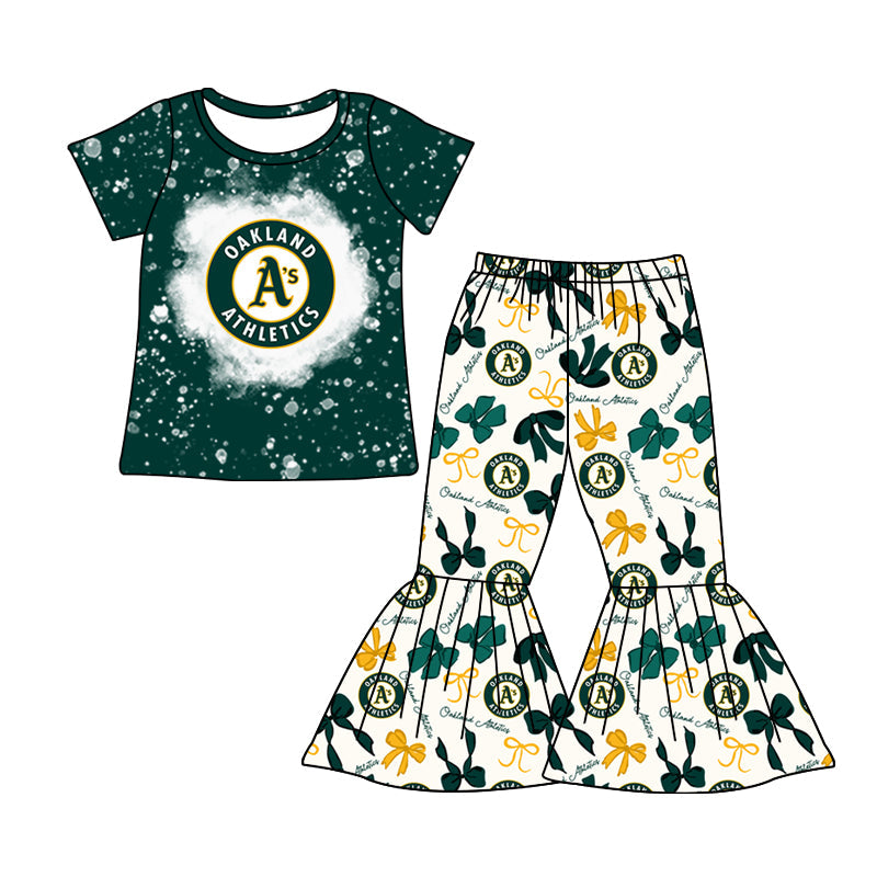 MOQ 3 pcs bleached green A top bow bell bottoms pants girls team clothes