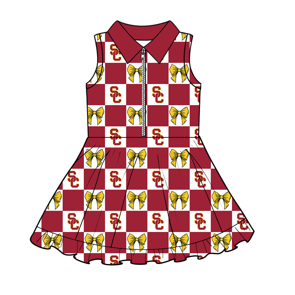 MOQ 5 pcs sleeveless maroon plaid yellow bow SC girls team athletic polo dress
