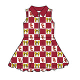 MOQ 5 pcs sleeveless maroon plaid yellow bow SC girls team athletic polo dress