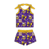 MOQ 3 pcs sleeveless yellow bow purple kids girls team outfits