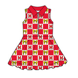 MOQ 5 pcs sleeveless plaid bow red M girls team athletic polo dress