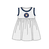 MOQ 5 pcs dark blue ruffle sleeveless white polka dots H girls team dresses
