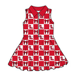 MOQ 5 pcs sleeveless plaid bow stars O M girls team athletic polo dress
