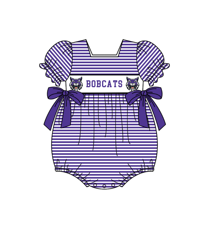 MOQ 5 pcs purple stripe BOBCATS short sleeves baby girls team romper