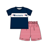 MOQ 5 pcs dark blue short sleeves PATRIOTS top red stripe shorts boys team outfit