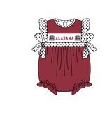 MOQ 5 pcs maroon flying sleeves white polka dots bow ALABAMA baby girls team romper