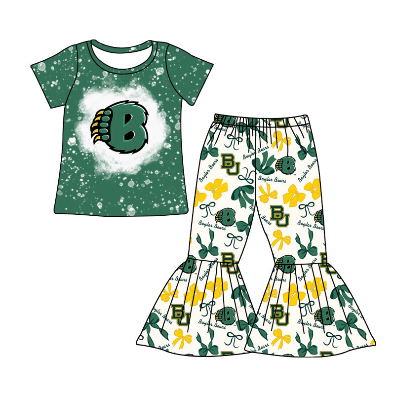 MOQ 3 pcs bleached green B U top bow bell bottoms pants girls team clothes