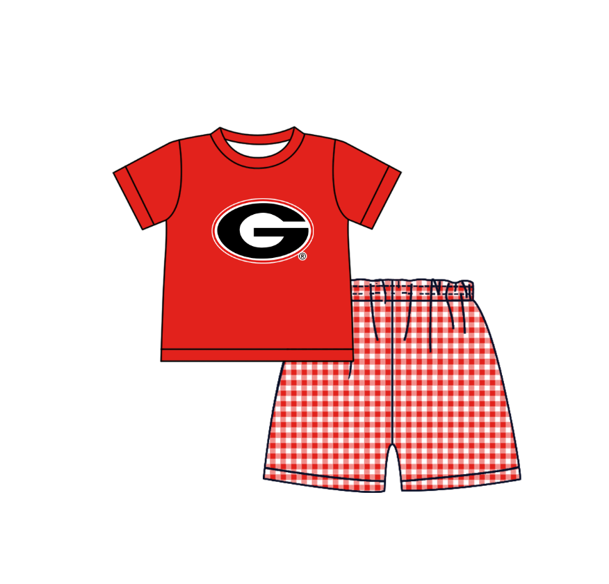 MOQ 5 pcs red short sleeves G top plaids shorts boys team outfit